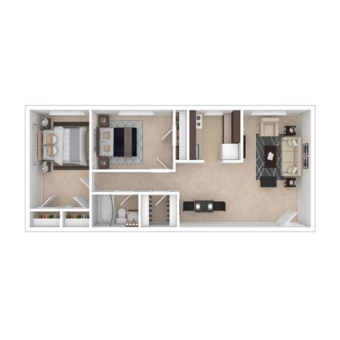 Floor plan for 2 beds, 1 bath, 947 sqft